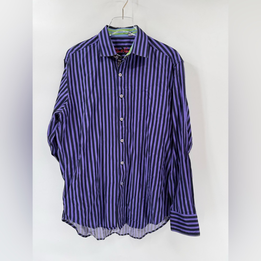 Robert Graham Shirt Snap Front Woven Flip Cuff Purple Stripe size large